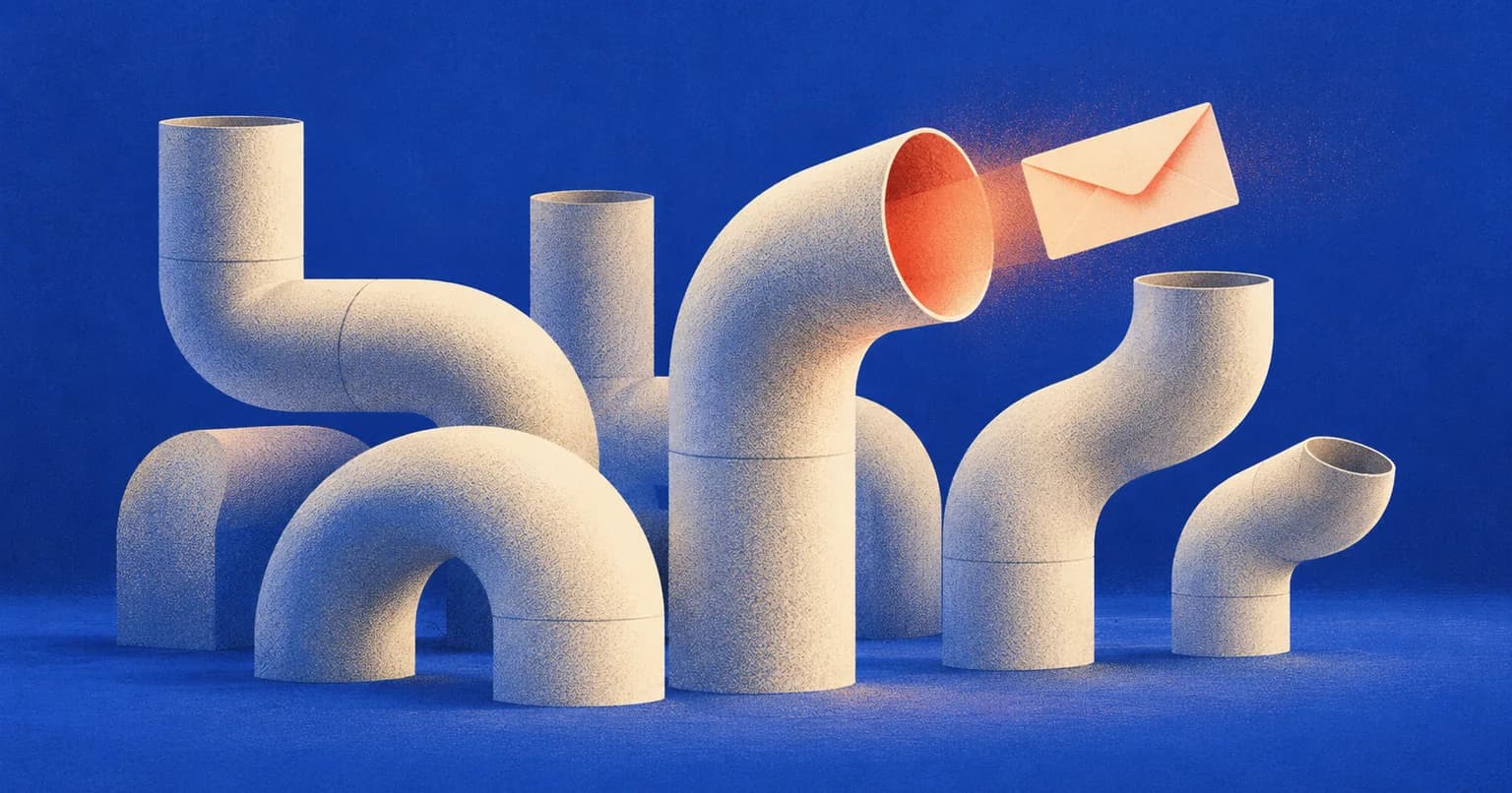 An envelope gliding out of one of several curved pipes