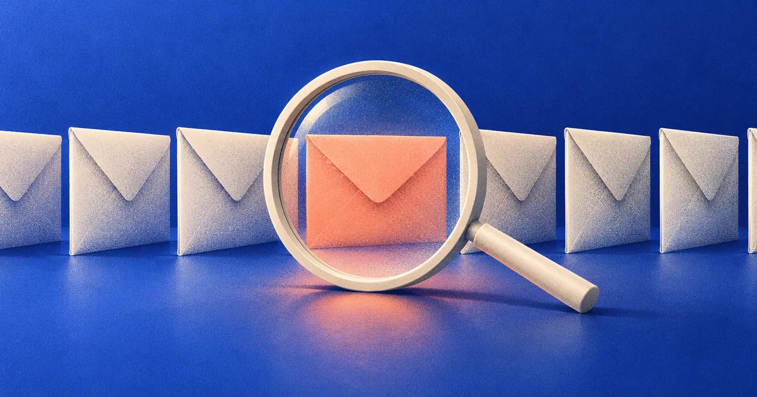 A magnifying glass in front of a row of upright envelopes