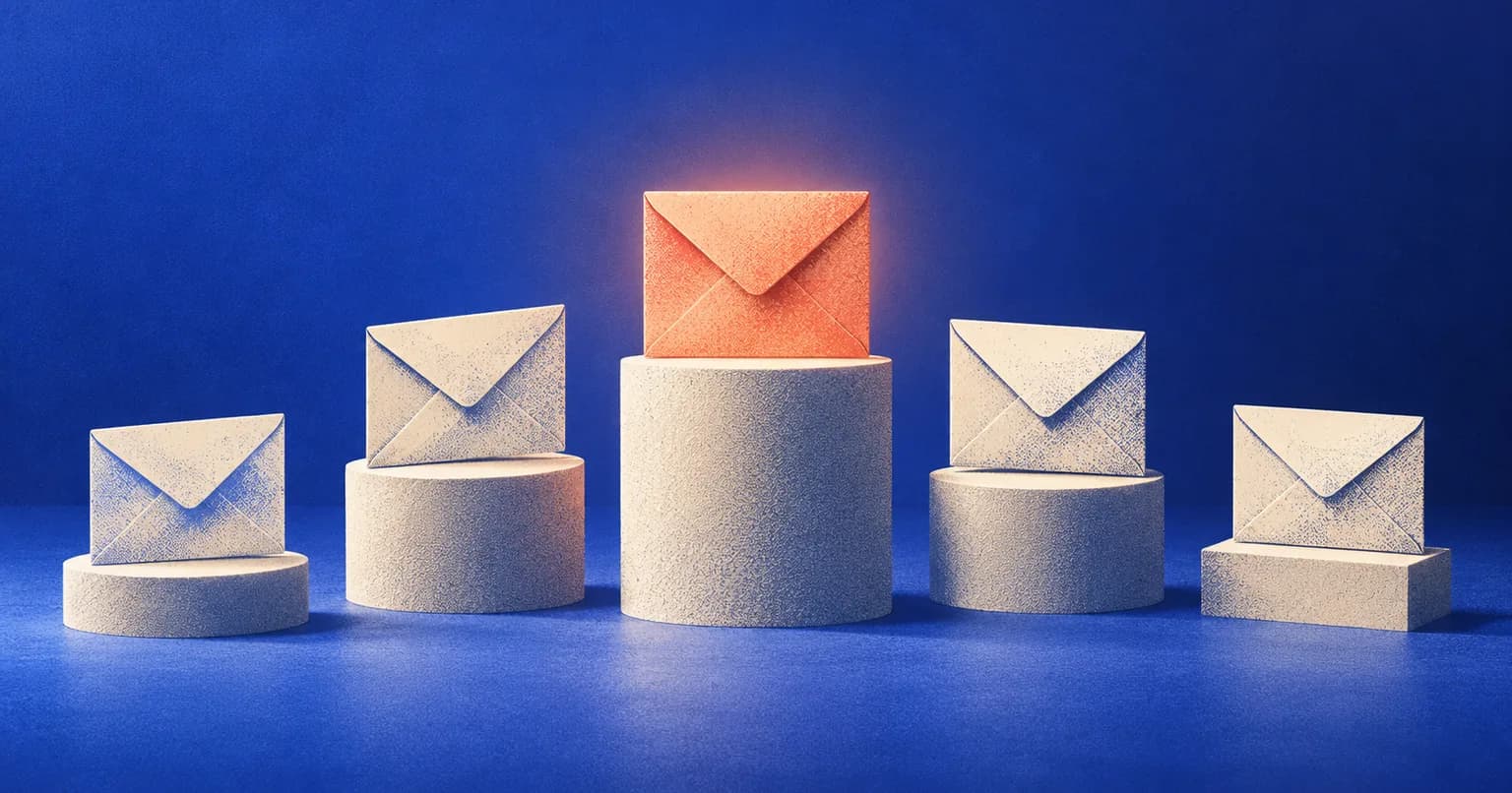 Envelopes standing on pedestals of different heights, one glowing